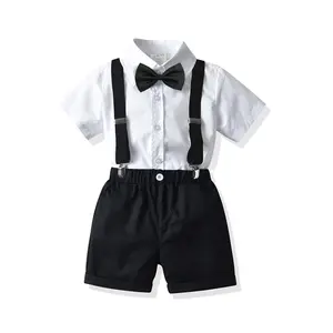 2023夏季学步服装套装套装正式短袖单排扣衬衫吊带短裤2pcs男童服装儿童