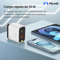 Miccell 70W Chargeur GaN USB C mural avec 2 ports USB C, 1 port USB A, adaptateur PD QC Type C pour iPhone et smartphone