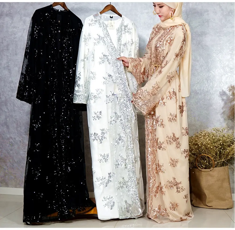 ชุดกระโปรงยาวสำหรับผู้หญิงชุดเดรสมุสลิมอาบายาประดับเลื่อมปักลายหรูหราผ้าคาฟตันอิสลามดูไบ