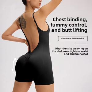 Completo Yoga Senza Cuciture con Scollo a V Profondo e Schiena Scoperta, <span class=keywords><strong>Pantaloncini</strong></span> Monopezzo per Donna, Abbigliamento Sportivo Modellante per Fitness - Product Image 3