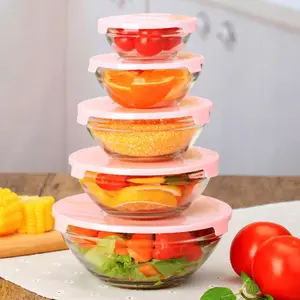 Pabrik 5 Buah Diskon Besar Ramah Lingkungan Dekorasi Rumah Bulat Tahan Panas Bening dengan Tutup Buah Salad Makanan Set Mangkuk Kaca