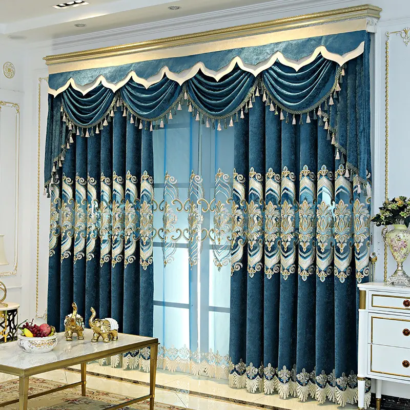 Hot Selling European Style Bedroom Blue Chenille Embroidered Curtains Valances Luxury Window Curtains for Living Dining Room