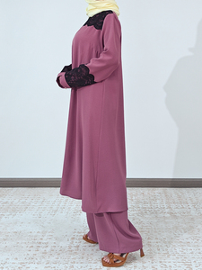Moda musulmana árabe señora traje de dos piezas islámico elegante chica manga larga encaje Tops pantalones conjunto sólido Abaya mujeres <span class=keywords><strong>trajes</strong></span> musulmanes - Product Image 2