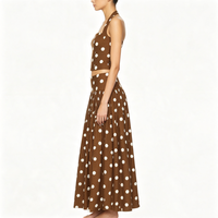 Ensemble haut court à pois marron et jupe longue pour femme, col carré, taille haute, robe longue trapèze, tenue rétro pour les vacances d'été