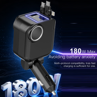 Pengisi Daya Mobil 6 in 1 180W Tipe-C Retractable QC3.0 PD3.0 Pengisian Cepat Layar LED Lampu Ambient Pemantik Rokok