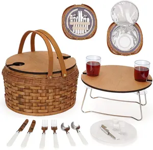 New Round Willow Cold Storage Bag Armazenamento Picnic Basket Picnic Basket Set com Tampa De Madeira Handle Adequado para 2 Pessoas