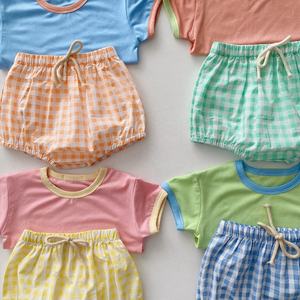 New Style Summer Baby Clothing Sets Male and Female Foreign Style Plaidsuit with Contrast Colors for <strong>Kids</strong> - Product Image 4