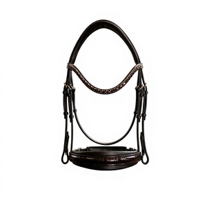 Brida de cuero negro para caballo, ceñidor de nariz de charol de cocodrilo marrón, frenteal de 10 mm con cristales Preciosa ondulados color sangría, anatómico - Product Image 1