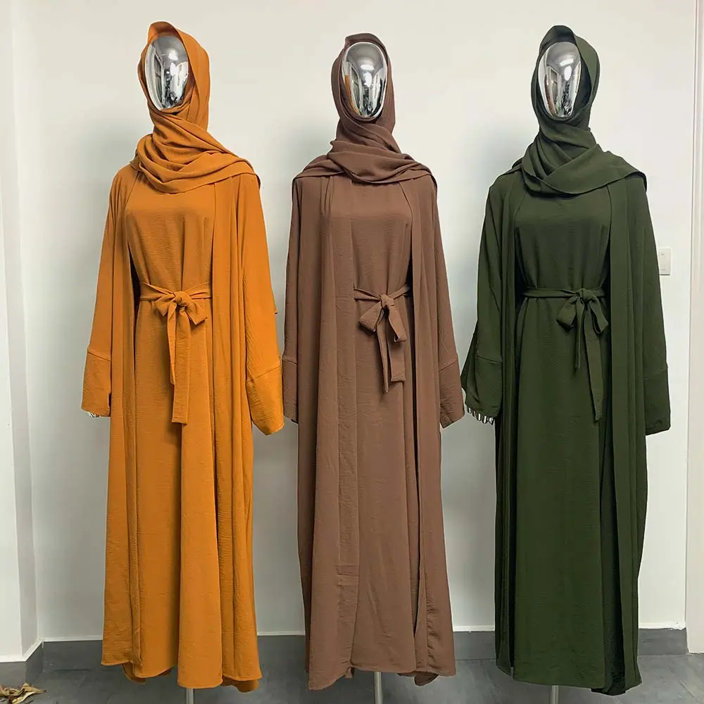 Super Low Price Latest Turkey Dubai Solid Color Two Piece Set Abaya Women Big Size Kaftan Casual Open Abaya Women Muslims Dress