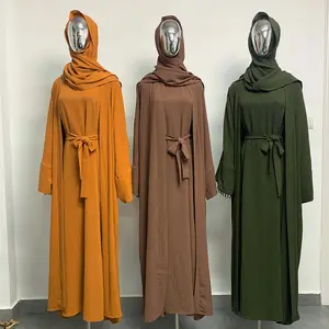 Precio Super bajo último Turquía Dubai Color sólido conjunto de dos piezas de Abaya de las mujeres de gran tamaño, vestido Casual abierto Abaya mujeres musulmanes vestido