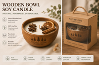 Bougie en cire de soja dans un bol en bois naturel avec orange séchée et cannelle |   Bougie artisanale écologique pour l'aromathérapie
