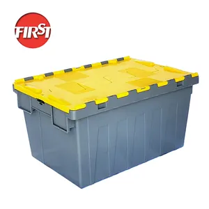 Heavy Duty Plastic Nestable Moving Crates Stackable Storage Attached Lid Tote Plastic Storage Bins With Lids