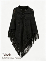 Poncho en tricot ajouré à franges avec col à revers pour femme, châle cape triangulaire doux et respirant
