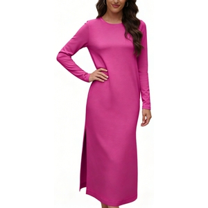 Robe longue unie à manches longues et fente latérale avec poches pour femme - Vêtements pour femme Sehe Fashion - Product Image 5