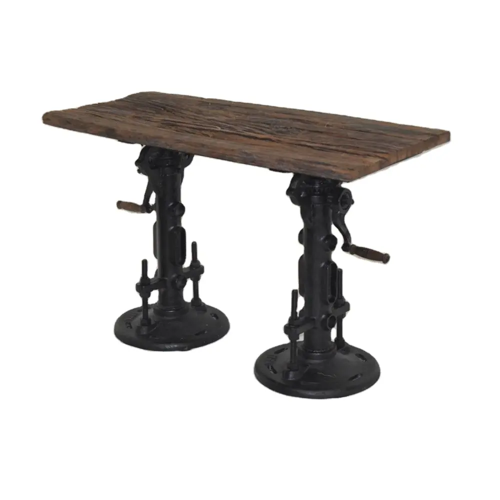 Farmhouse Styled Solid Wooden Top and Crank Cast Iron Base Dining Table Industrial Antique Dining Room Furniture at Low Price