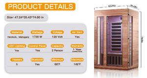 Sauna de Infrarrojos Lejanos para 2 Personas, de 47 Pulgadas, de Madera de Hemlock, para Interiores, con Luz LED Bluetooth y 1 Año de Garantía - Product Image 4