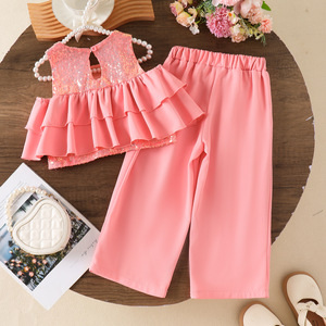 Nuovo Set Estivo per Bambine: Giacca in Cotone con Pizzo, <span class=keywords><strong>Paillettes</strong></span> e Volant, <span class=keywords><strong>Pantaloni</strong></span> a Gamba Larga, Completo Due Pezzi - Product Image 3
