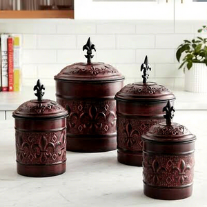 Classic Metal Spice Containers Set With Fleur De Lis Design Round Shape With Lid Storage <b>Bins</b> For <b>Kitchen</b> Use - Product Image 1