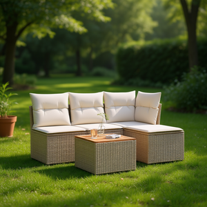 Set Divano da Giardino in Rattan Beige a 4 Posti, Arredamento da Esterno Resistente alle Intemperie, Design Contemporaneo con Struttura in Vimini - Product Image 2