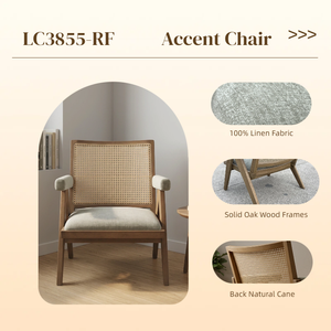 Natural Rattan Back Armchair Solid <b>Oak</b> <b>Frame</b> Linen Fabric Midcentury Modern Eco-Friendly Handmade Living Room Chair - Product Image 3