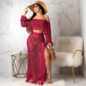 Ensemble 2 pièces décontracté et sexy pour femmes grandes tailles, haut épaules dénudées et robe longue jusqu'aux chevilles, cache-maillot de bain, tenue de plage - Product Image 5