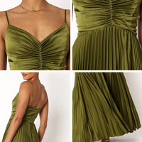Robe longue plissée et froncée en satin élégante pour femme, bretelles spaghetti, fabrication OEM/ODM sur mesure, faible MOQ, fournisseur d'usine