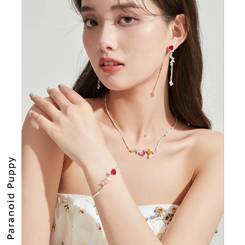Heart Shape Zircon Bracelet Gem Original Design for Women Short Chain Accessory Fine Fashion Colorful Gold Plated Jewelry 2023