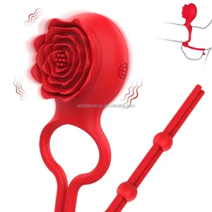 Cincin Penis dapat diatur bebas Vibrator bunga mawar cincin Penis bergetar mainan dewasa untuk pria pasangan seks