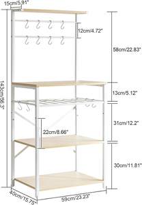 Chariot de cuisine moderne avec support en bois réglable et cadre en métal UHBR001R Étagères de rangement pour four à micro-ondes et crochets en S pour le vin - Product Image 4
