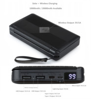 Banque d'alimentation solaire pliable IP67 Li-Polymère 20000mAh, étanche, portable, double USB (Micro USB et Type-C), lumière LED SOS, sans fil