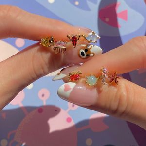 Cute Marine Earring Set - Copper Gold Plated Starfish <strong>Crab</strong> Seahorse Jellyfish Stud Earrings for Women Gemstone Beach <strong>Jewelry</strong> - Product Image 6