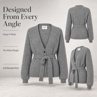 Cardigan long en tricot doux brossé personnalisé pour femme, col en V, ceinturé, à bouton unique, manches bouffantes, style décontracté, pour l'hiver