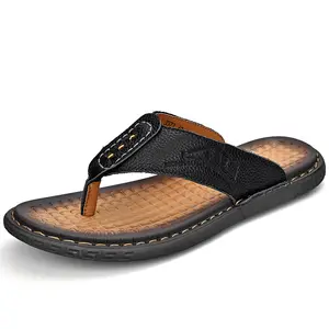 2023 high quality mens beach cowhide leather designer flip flops