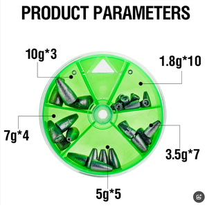 मछली पकड़ने के नमूनों से निपटने के लिए ग्रीन बॉक्स-पैक 1.8 जी-10 गसिंकर मोड्स लीड वजन मछली पकड़ने के सामान - Product Image 5