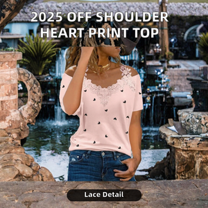 <b>Women's</b> 2025 Summer Cotton Blouse Heart Print Off-Shoulder T-<b>Shirt</b> Lace Trim Floral Applique Sweet Long Breathable Casual - Product Image 2