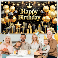 Bannière Murale Décorative Personnalisée Anniversaire 180x110cm Noir et Or, Grande Affiche avec Ballon Étoile Panneau Photo Fond de Scène pour Fournitures de Décoration d'Anniversaire