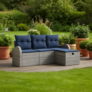 Conjunto de Muebles de Jardín de Ratán Sintético, Sofá de 4 Plazas, Cojines Grises y Azul Marino, Estilo Contemporáneo con Almacenamiento - Product Image 2