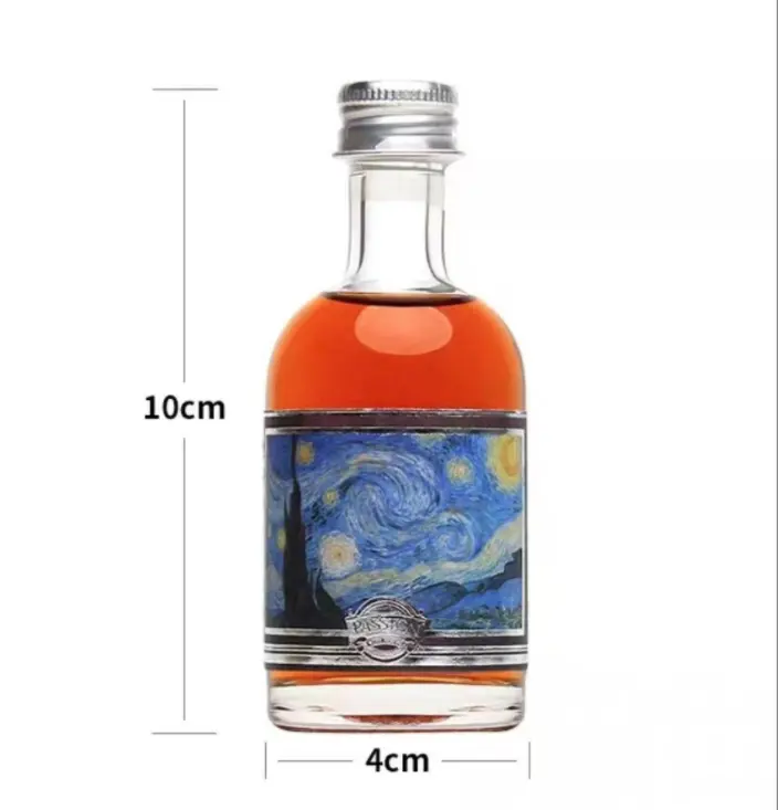 Vente en gros 50ml 100ml Mini bouteille en verre miniature de jus de vin de spiritueux pour whisky vodka avec bouchon couvercle en alun