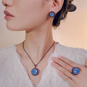 Wholesale Eco-friendly Copper Black Gold Plated 16-10MM Sea Blue Zircon Necklace Earrings <b>Ring</b> <b>Woman</b> Jewelry <b>Set</b> Bridal - Product Image 6