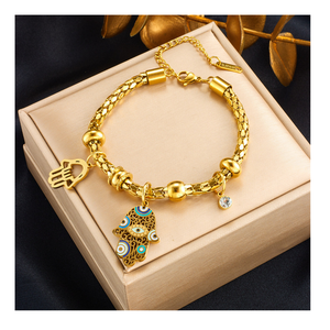 Gelang Mata Iblis Baja Anti Karat Lapis Emas 18K Baru Bebas Noda, Perhiasan Gelang Jimat Tangan Hamsa untuk Wanita - Product Image 1