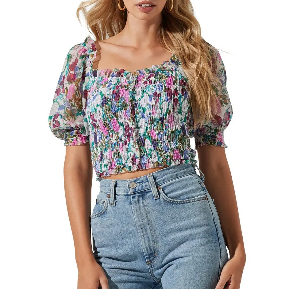 Kaus kasual lengan pendek gelembung wanita baru musim panas atasan blus elegan leher persegi berpenutup motif bunga untuk wanita