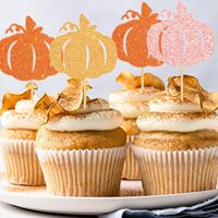 Décorations de cupcakes d'automne, pics à cupcakes pailletés rose et orange en forme de citrouille, décorations de gâteaux en forme de citrouille pour les fournitures de fête d'automne et de Thanksgiving