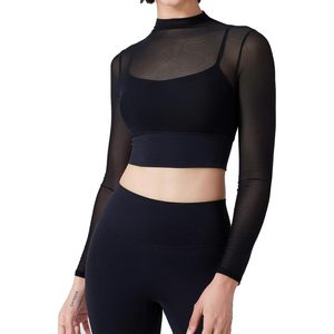 FOXA Yoga Crop <b>Top</b> Long Sleeve <b>Mock</b> <b>Neck</b> Sheer Layer Built In Bra Padded Women Workout Gym Shirt - Product Image 1