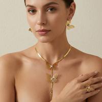 JUSNOVA Ensemble de bijoux papillon en acier inoxydable plaqué or 18 carats, collier, boucles d'oreilles et bague en filigrane pour femmes