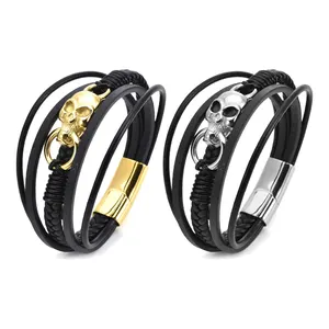 Popular Stainless Steel Gold Plated Black Steel Jewelry Bracelet Custom Multi-layer Leather Woven Feather Bracelet For Men