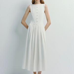 เดรสยาวทรงเอ สไตล์วินเทจ สำหรับผู้หญิง ใส่สบายในฤดูร้อน ระบายอากาศได้ดี สีพื้น ไหล่เปลือย แขนกุด แต่งกระดุม - Product Image 1