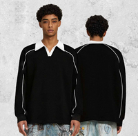 Sudadera Personalizada con Cuello en Contraste de 380G, Logotipo Personalizado, Estilo Preppy Deportivo, Polo a Rayas, Sudadera Urbana para Hombre