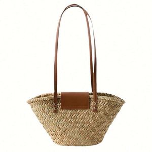 Summer New Natural Straw Bag <b>Small</b> Women Seagrass Beach Shoulder Bag With PU Leather Cover - Product Image 6