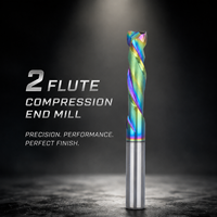 Viextro Fraise à compression en carbure de tungstène 2 dents, revêtement DLC arc-en-ciel, 55HRC, 3.175mm pour le travail du bois et la gravure CNC