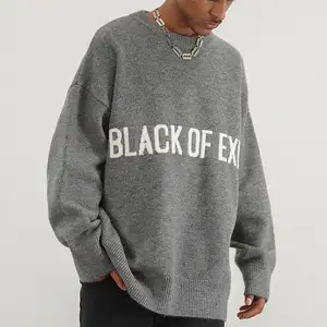 Custom OEM/ODM 7GG Computer Knitted Pullover Sweater Pure Cotton Cashmere Letters Crew Neck Grey Black Sweater For Men